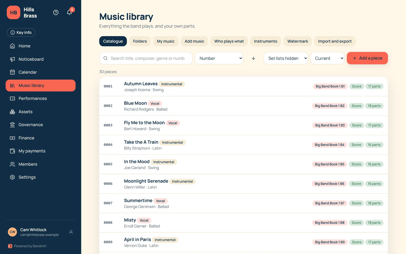 Music library catalogue