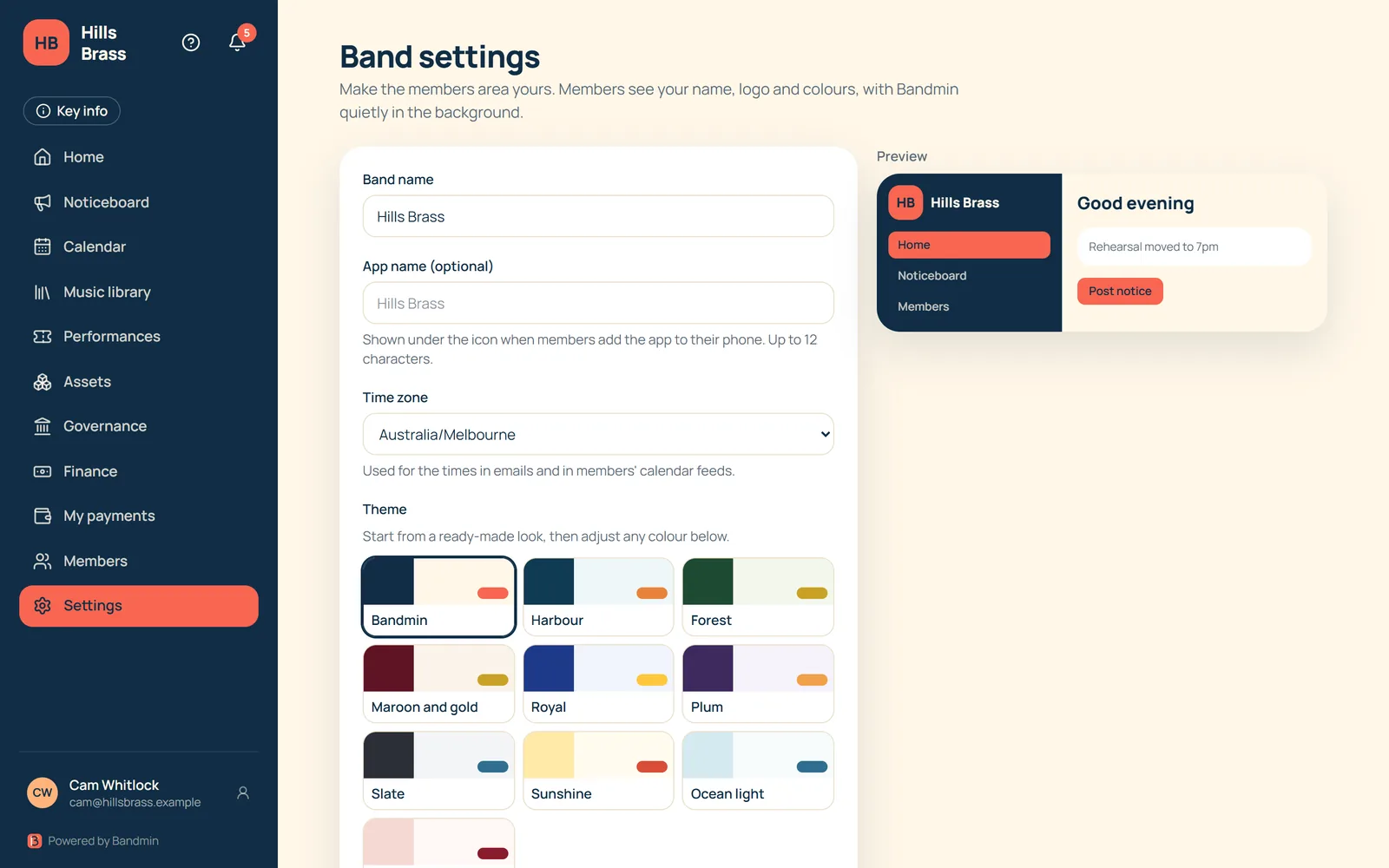 Hills Brass band settings screen showing custom branding