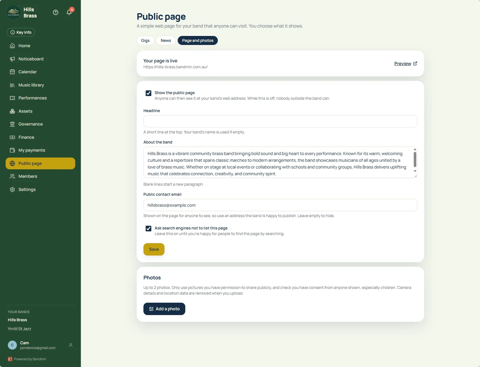 Public page settings